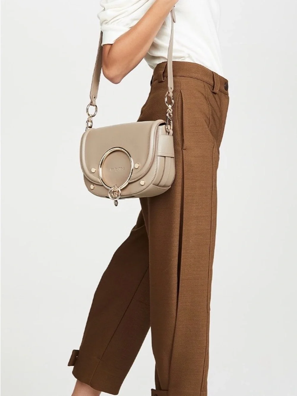 See By Chloe Taupe Leather Crossbody Mara Bag with Gold Ring Accent